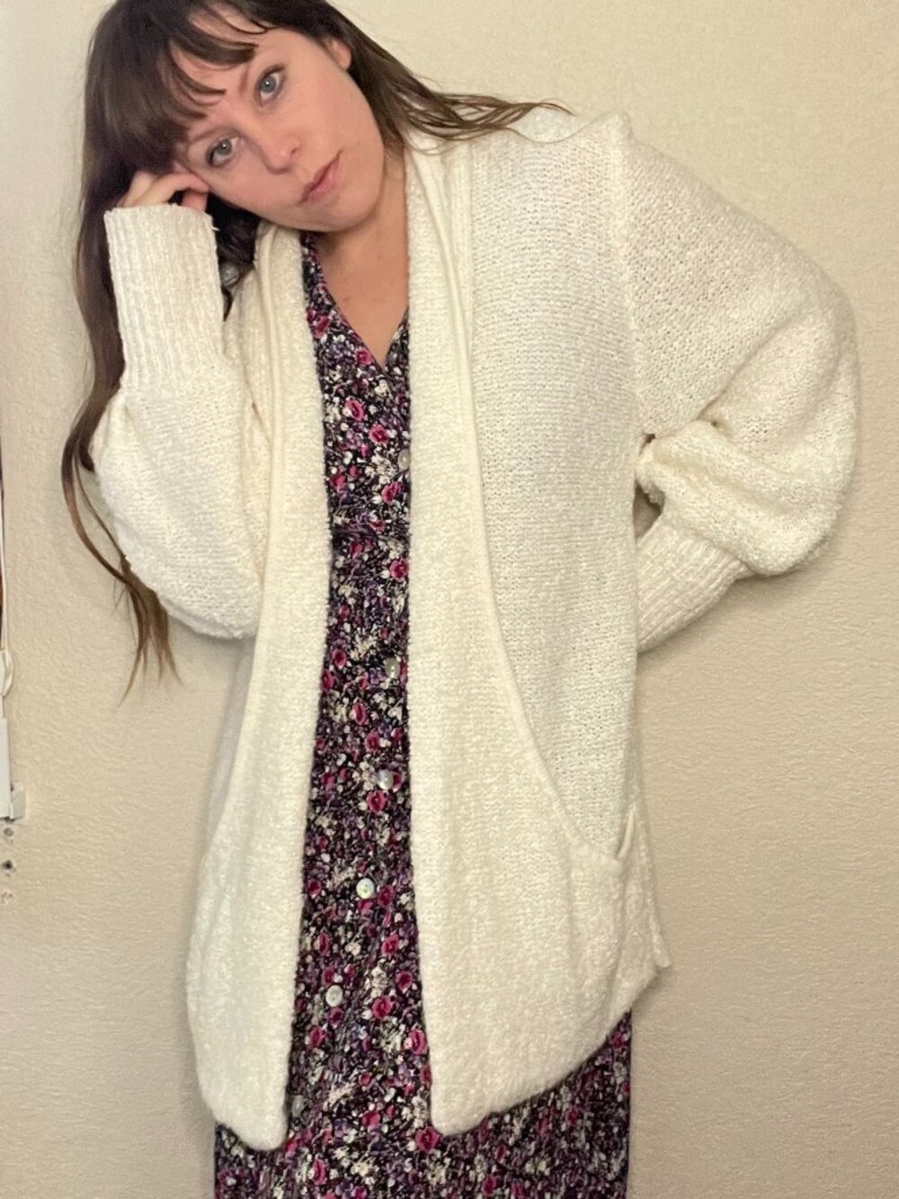 Vintage 80s White Chunky Knit Cardigan Slouchy Open Front Sweater | Size M-XL